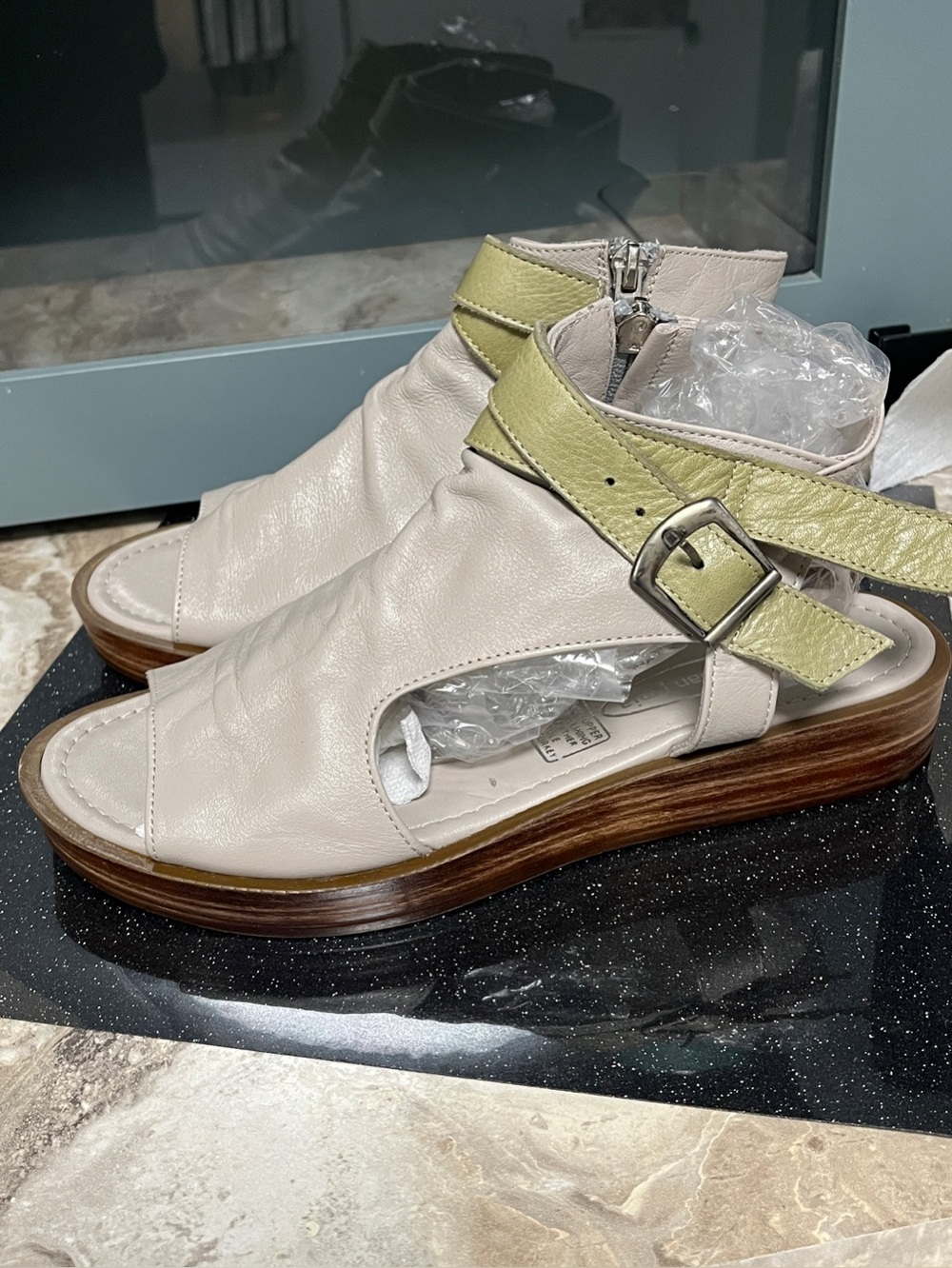 Sheridan Mia Cream Leather Open-Toe Sandal with Lime Strap